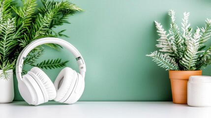 Wall Mural - Serene Soundscape: White headphones rest amidst lush greenery, evoking tranquility.