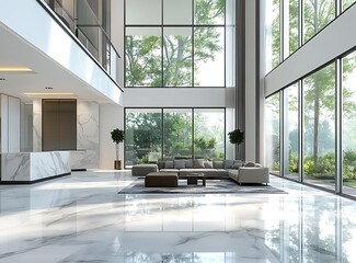 Beautiful modern living room in a luxury house with large windows and a marble floor, front view