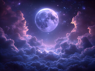full moon shining brightly in a purple and pink night sky above fluffy clouds.