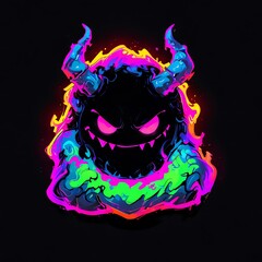 Canvas Print - Neon Demon: A vibrant digital illustration of a mischievous demon engulfed in psychedelic flames, showcasing sharp horns and glowing eyes, a mesmerizing spectacle of color and darkness.