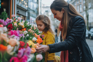 Mother and daughter admire colorful flowers at a street market in springtime