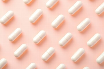 A row of white pills are arranged in a pattern on a pink background