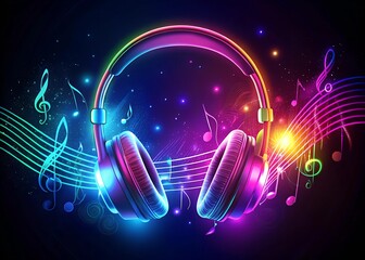 Poster - colorful neon headphones with music notes and light trails on a dark background.