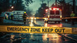 © Jari.art - Emergency zone keep out sign with police and ambulance at night