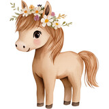 Cute pony with floral wreath, little horse illustration