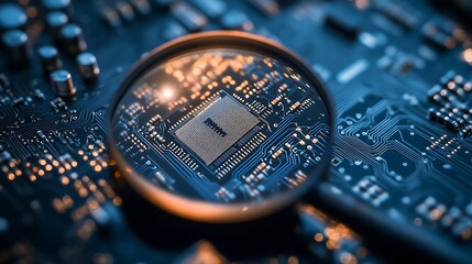 Leinwandbilder - Close Up View of Silicon Microchip Illuminated on Circuit Board with Magnifying Glass : Generative AI