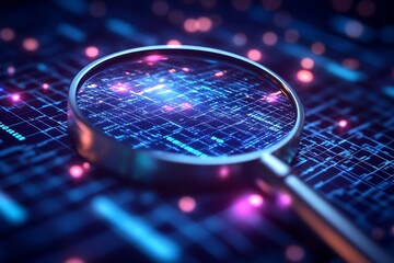 Leinwandbilder - Magnifying Glass Above Digital Circuit Board Highlighting Technological Detail : Generative AI