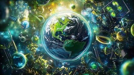 Aufkleber - Beautiful Earth Surrounded by Cosmic Elements and Glowing Greenery in a Sci Fi Galaxy : Generative AI