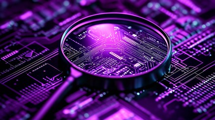 Leinwandbilder - Magnifying Glass on Purple Circuit Board Highlighting Technology Focus : Generative AI
