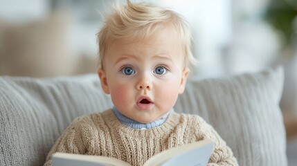 Wall Mural - A baby sitting on a couch reading a book