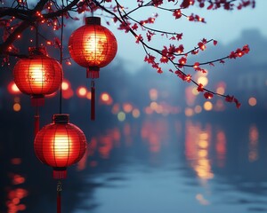 Wall Mural - Chinese New Year decorations, red lanterns glowing on tree branches, tranquil water reflecting lights, festive ambiance, hyperrealistic, 4K resolution