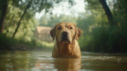 Wall Mural - A dog is standing in the water in the woods