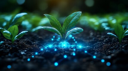 Poster - Technology Meets Nature Digital Glow Enhances Growing Plant Photograph : Generative AI