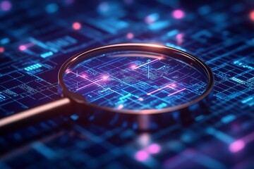 Leinwandbilder - Magnifying Glass Examining Digital Circuit Board with Futuristic Elements : Generative AI
