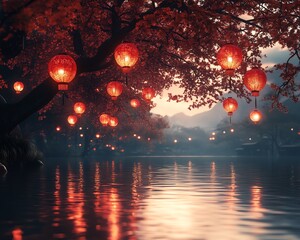 Wall Mural - Festive Chinese New Year celebration, glowing red lanterns in trees, serene water reflections, vibrant and warm atmosphere, photorealistic, HD quality