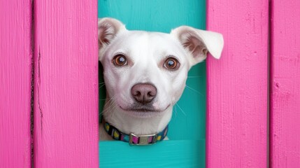 Wall Mural - A white dog peeking out from behind a pink and turquoise fence