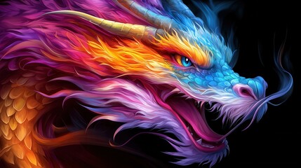 Wall Mural - A colorful dragon with blue eyes on a black background