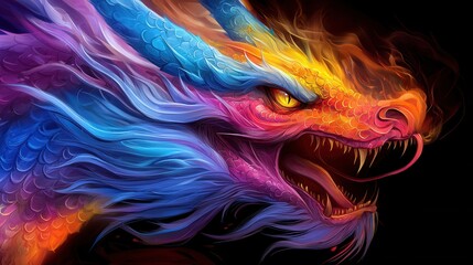 Wall Mural - A colorful dragon with its mouth open and fangs out