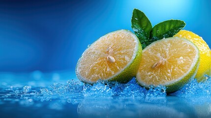 Wall Mural - A couple of lemons sitting on top of a blue surface