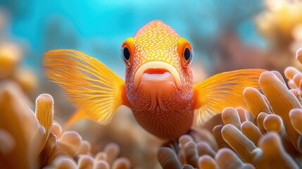 Wall Mural - A close up of a clown fish in an anemonic sea anemone