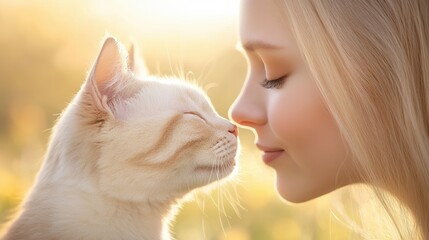 Wall Mural - A woman is kissing a white cat on the cheek