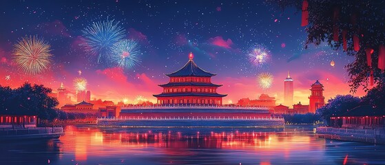 Traditional Chinese cityscape with a red palace by the water, vibrant fireworks, majestic ancient architecture, festive and cultural vibes, 2025 celebration theme