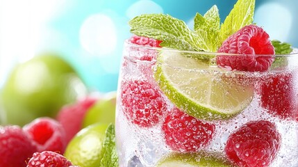 Wall Mural - A glass of water with raspberries, lime and mint