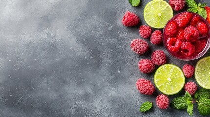 Wall Mural - A bowl of raspberries, lime and mint leaves on a gray background