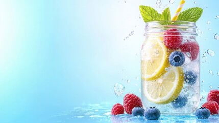 Wall Mural - A glass of water with lemon, raspberries and blueberries in it