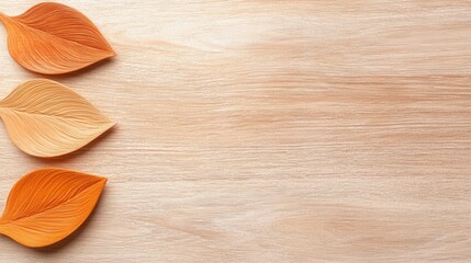 Wall Mural - Three orange leaves on a wooden surface