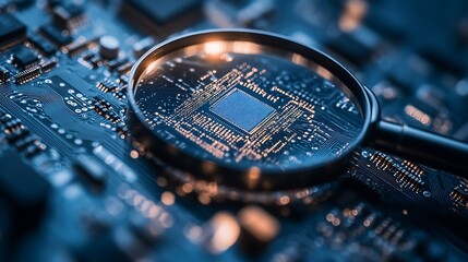 Leinwandbilder - Focus on Microchip Circuit Board with Magnifying Glass Highlighting Technological Advancements : Generative AI