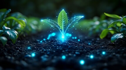 Poster - Biotech Integration Glowing Digital Roots of a Thriving Plant Concept Art : Generative AI