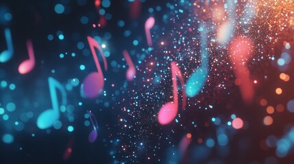 Poster - Abstract background with glowing musical notes and particles.