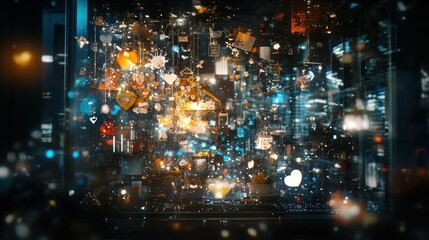 Aufkleber - Abstract digital art of floating objects and city lights at night.