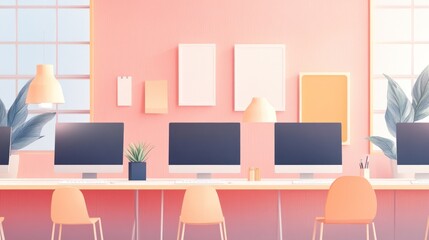 Leinwandbilder - Modern minimalist office interior design with pink walls, computers, plants, and natural light.