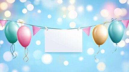 Poster - Festive pastel balloons and blank sign on string against bokeh background.