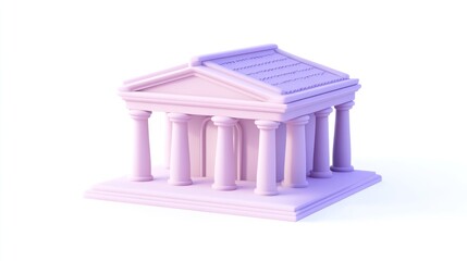Poster - Pastel pink miniature temple model with columns and pediment, isolated on white background.