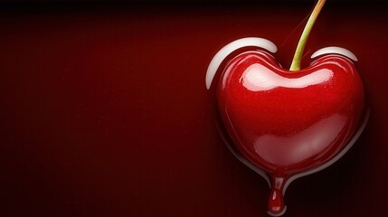 Wall Mural - A red heart shaped cherry with a stick sticking out of it