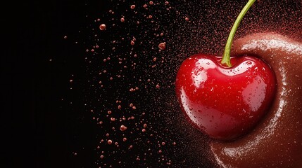 Wall Mural - A red cherry with water droplets on a black background