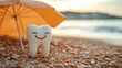 © O - Smiling tooth on pebble beach at sunset under orange umbrella