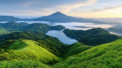 Canvas Print - A view of a lake surrounded by green hills and mountains