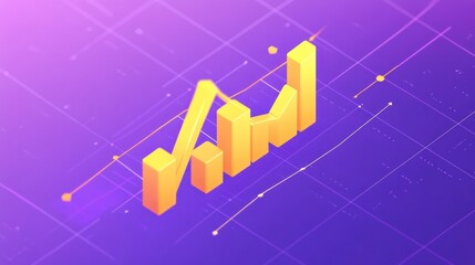 Leinwandbilder - Isometric 3D golden bar chart graph showing growth, progress, and success on purple background.