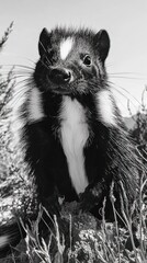 Poster - Close-up monochrome portrait of a skunk in tall grass.