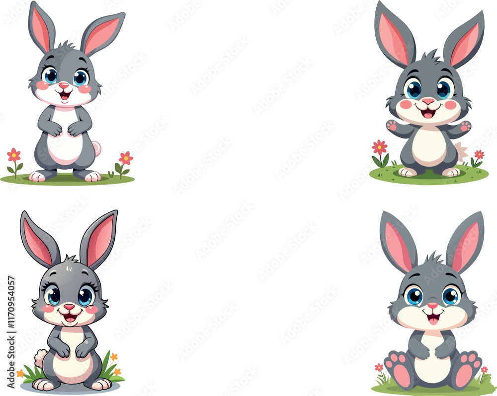 Collection of animated rabbits in various poses and expressions for ...