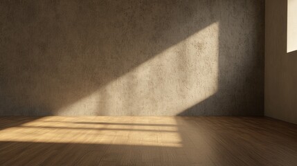 Poster - Sunlight streams into an empty room with brown walls and wooden floors.