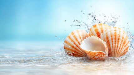 Wall Mural - A group of seashells splashing in the water on a beach