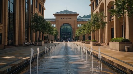 Poster - Modern architectural complex with a central water feature and symmetrical buildings.
