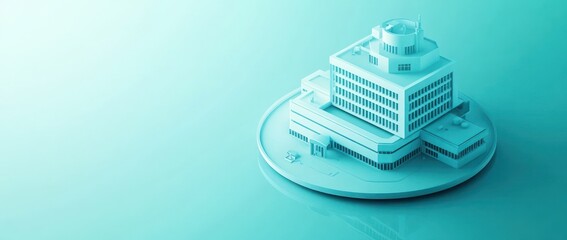 Poster - Minimalist 3D model of a modern hospital building on a circular platform.