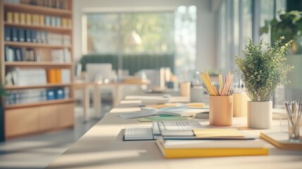 Poster - Sunlit modern office workspace with desk, stationery, and books.