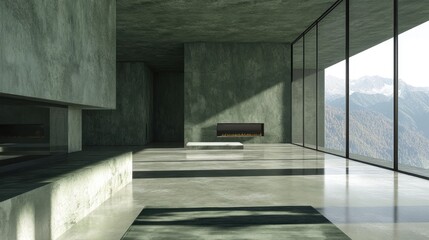 Poster - Modern minimalist interior design with mountain view, concrete walls, large windows, and fireplace.